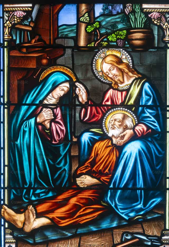 Muerte de San José rodeado por María y Jesús - Banco de imágenes católicas - Fotografía por Joan Sutter