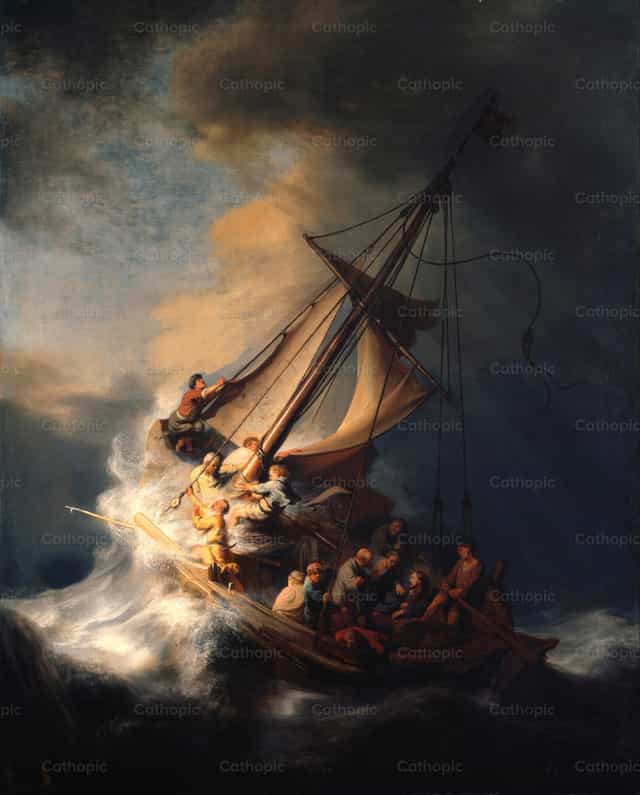Christus in de storm op het Meer van Galilea - Katholieke stockfoto's