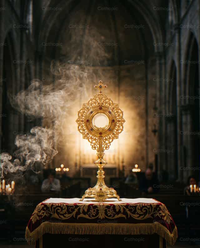 Custodia Dorada con humo de incienso - Banco de imágenes católicas - Fotografía por Noemí Márquez