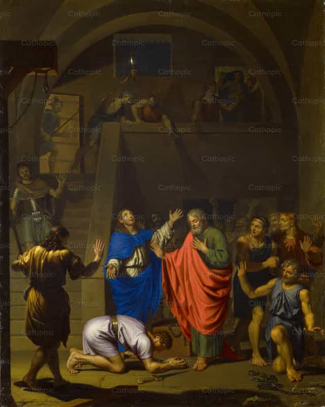 Paul et Silas quittant la prison de Philippes - Images catholiques de stock