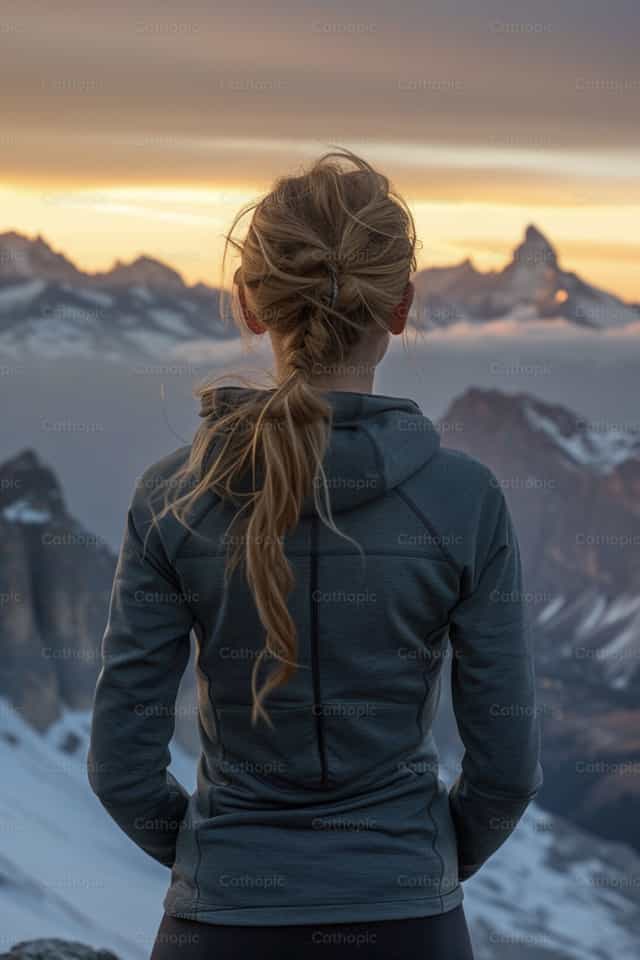Joven mujer en la cima de la montaña - Banco de imágenes católicas