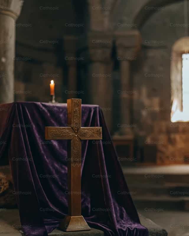 Kruis in een oude kerk met paarse mantel - Katholieke stockfoto's