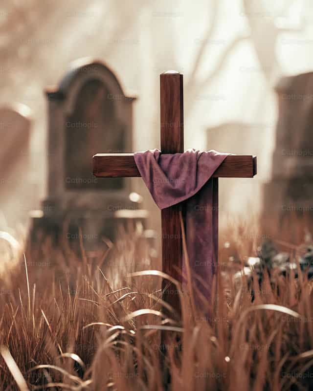 Krus sa Isang Libingan na may Lilang Balabal - Mga Catholic stock image - Larawan ni God Designer