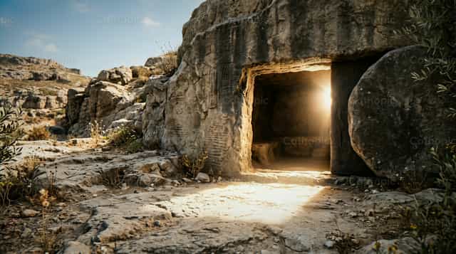 Cueva de piedra con una puerta abierta y luz brillante - Banco de imágenes católicas - Fotografía por Enma Bastidas