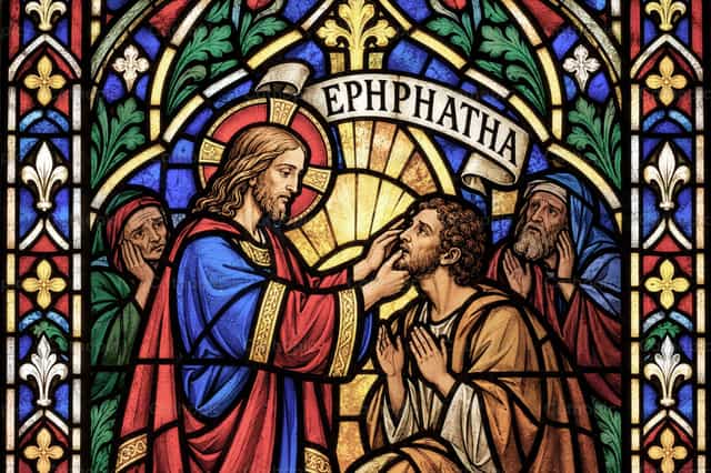 Efatá! Jesus cura o surdo-mudo. - Imagens católicas de stock