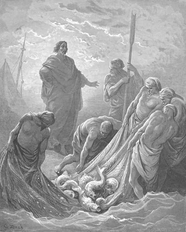 La pêche miraculeuse des poissons - Images catholiques de stock