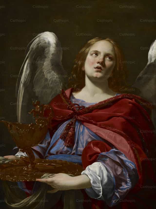 Angelo che tiene il bacile e l’asciugamano per lavarsi le mani di Pilato. - Immagini stock cattoliche - Foto di Restored Christian Art