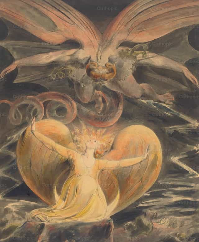 Ang Dakilang Pulang Dragon at ang Babaeng Naka damit sa Liwanag ng Araw - Mga Catholic stock image - Larawan ni Restored Christian Art