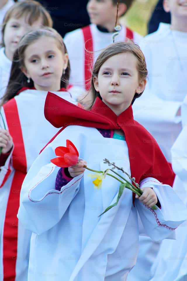 Acolyte avec des fleurs dans la procession du Dimanche des Rameaux - Images catholiques de stock - Photo de Cristina Grigore