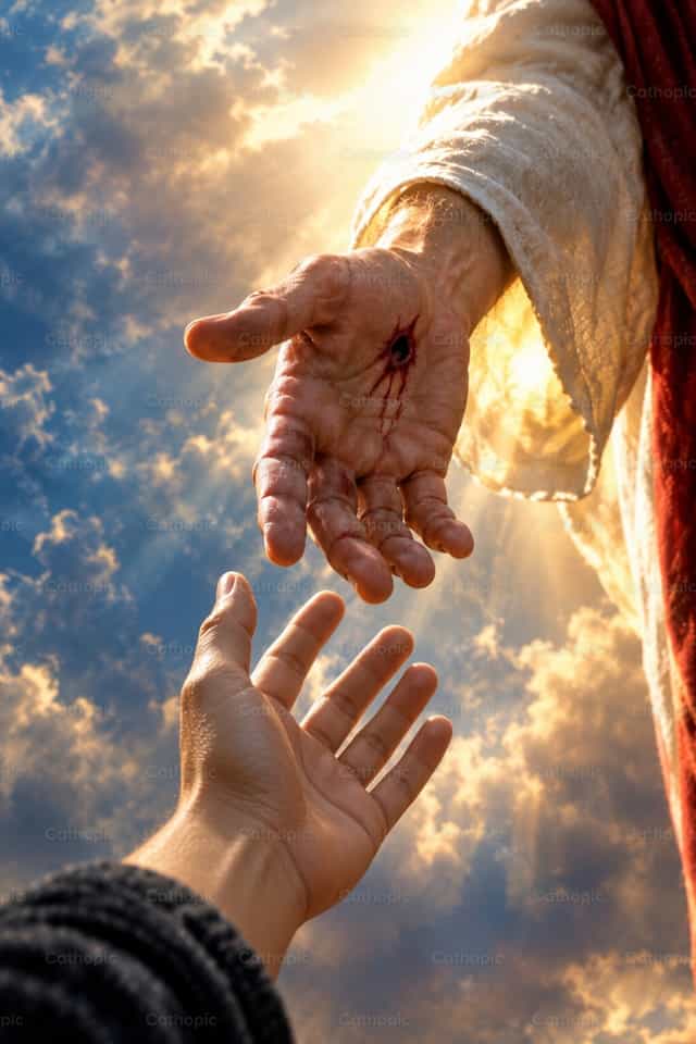 Een man die hulp van Jezus ontvangt - Katholieke stockfoto's