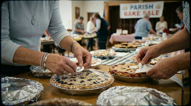 Hände, die einen hausgemachten Kuchen am Tisch des Pfarrbasars austauschen - Katholische Stockfotos - Foto von Noemí Márquez