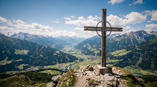 Cruz de madera con vistas a un valle alpino - Banco de imágenes católicas - Fotografía por Enma Bastidas