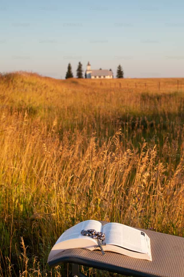 Rezar en la pradera - Banco de imágenes católicas - Fotografía por Vannett Studios