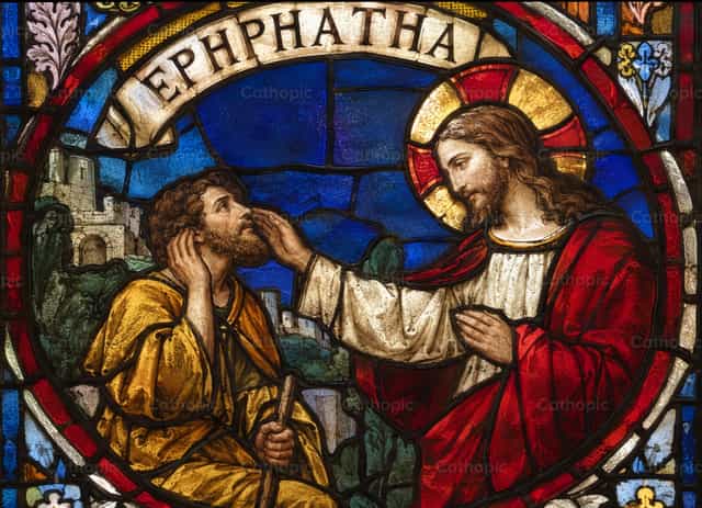 Ephphatha ! Jésus guérit le sourd-muet. - Images catholiques de stock