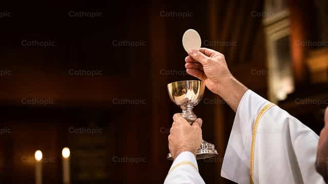 Prêtre élevant l’hostie eucharistique et le calice - Images catholiques de stock - Photo de Filip Pleše