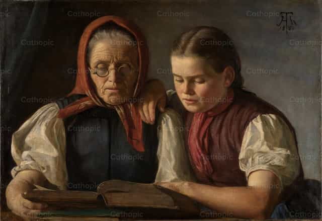 Mãe e irmã do artista lendo a Bíblia - Imagens católicas de stock - Foto de Restored Christian Art