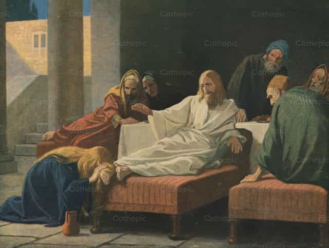 여인이 자신의 머리카락으로 예수님의 발을 닦는다 - 가톨릭 스톡 이미지 - 사진 제공 Restored Christian Art
