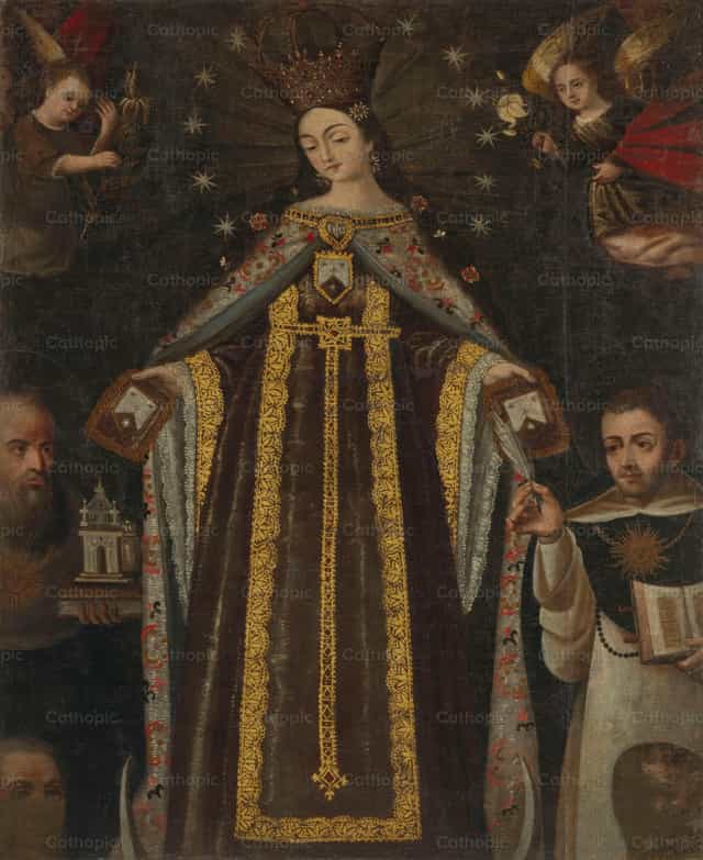 La Virgen rodeada de santos y ángeles - Banco de imágenes católicas - Fotografía por Restored Christian Art