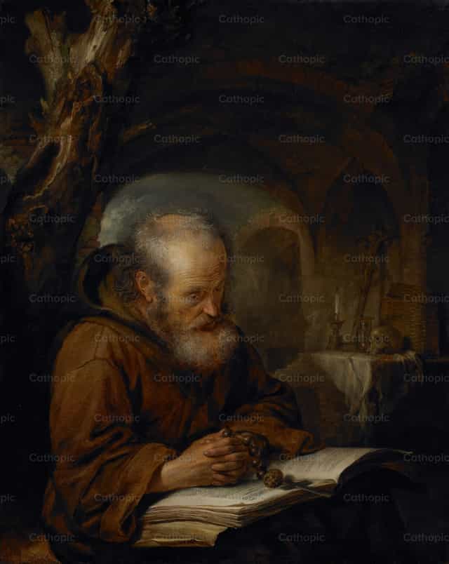 Pustelnik modlący się - Katolickie zdjęcia stockowe - Zdjęcie: Restored Christian Art