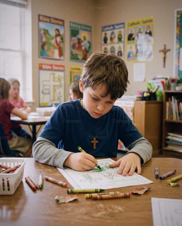Niño coloreando en una clase de catequesis - Banco de imágenes católicas - Fotografía por Noemí Márquez