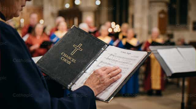 Manos de miembros del coro sosteniendo himnarios - Banco de imágenes católicas - Fotografía por Noemí Márquez