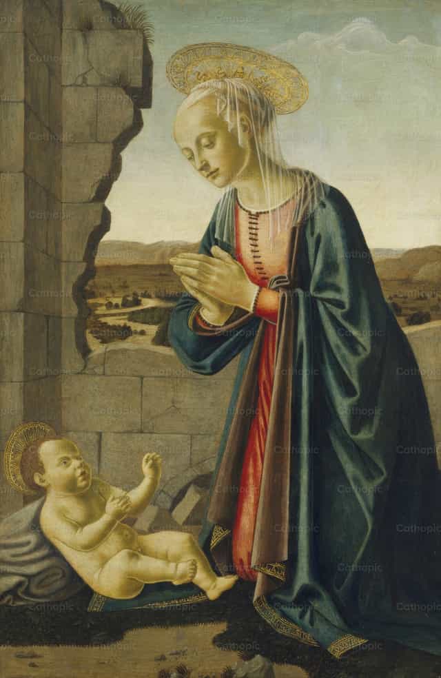 A Madonna adorando o Menino Cristo - Imagens católicas de stock