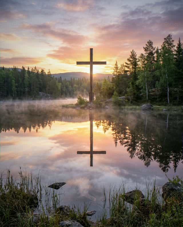 Cruz de madera en un lago al amanecer - Banco de imágenes católicas - Fotografía por Noemí Márquez