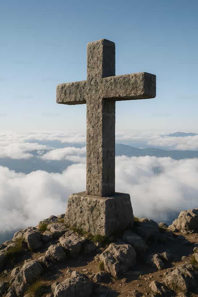Steenkruis op de top van een berg - Katholieke stockfoto's