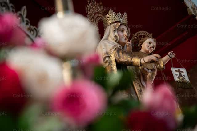 Nuestra Señora del Monte Carmelo detrás de las flores - Banco de imágenes católicas