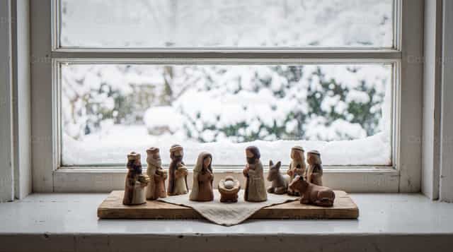 Holzkrippe mit Blick auf eine Winterlandschaft - Katholische Stockfotos - Foto von Enma Bastidas
