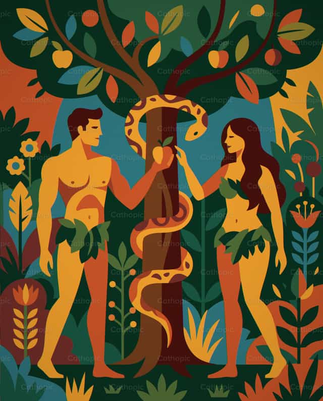 Adam and Eve Serpent Temptation in Paradise - Catholic stock vectors - Photo by Noemí Márquez