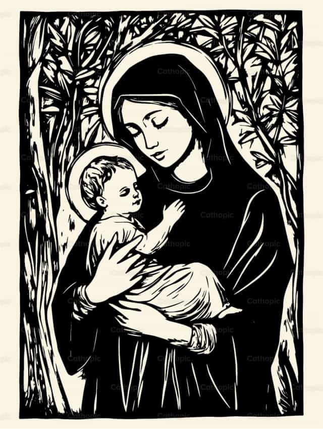Madre María entre flores - Banco de vectores católicos - Fotografía por Carolina BR