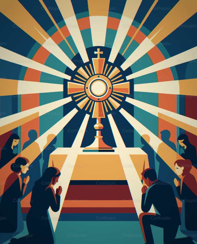 A Eucaristia irradia luz dentro da comunidade da Igreja - Vetores católicos de stock