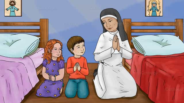 Monja rezando con los niños - Banco de vectores católicos - Fotografía por Cathopic