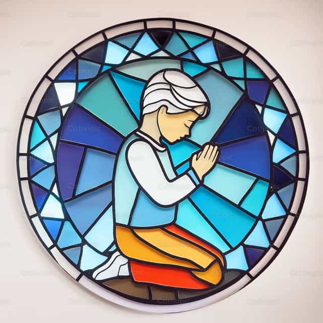 Batang nagdarasal sa may salaming-bughaw - Mga Catholic stock vector