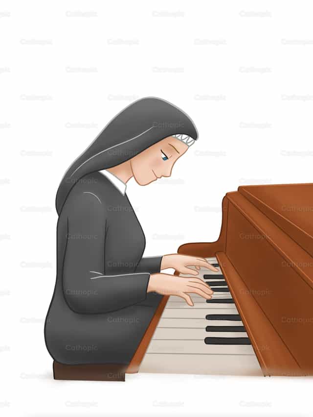 Suora che suona il pianoforte - Vettoriali stock cattolici