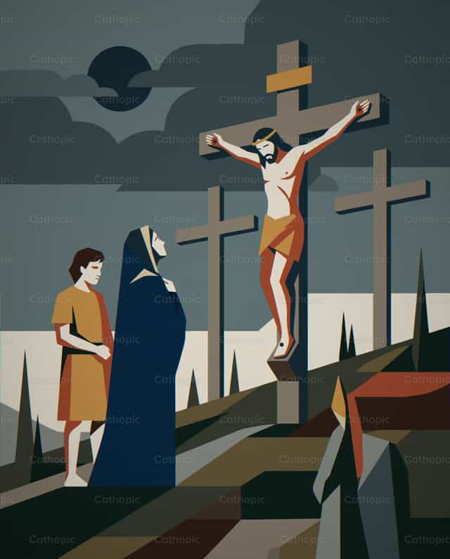 Crucifixión con la Virgen María y el discípulo al pie de la cruz - Banco de vectores católicos - Fotografía por Noemí Márquez