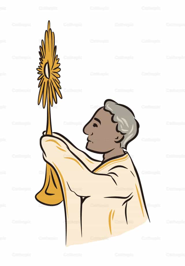 Sacerdote segurando a Eucaristia em uma custódia - Vetores católicos de stock