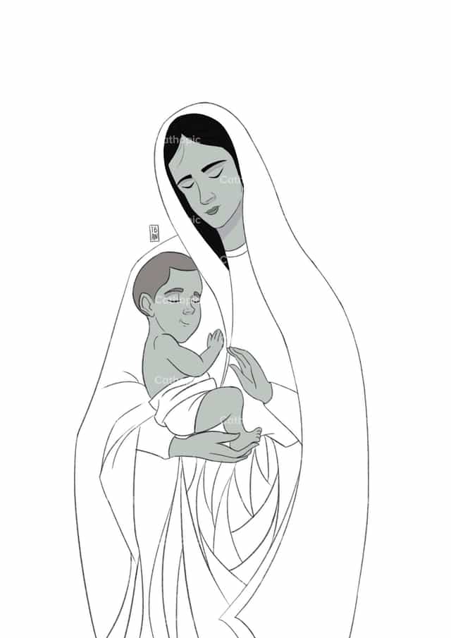 Maria Carga a Jesús en Negro y Blanco - Banco de vectores católicos