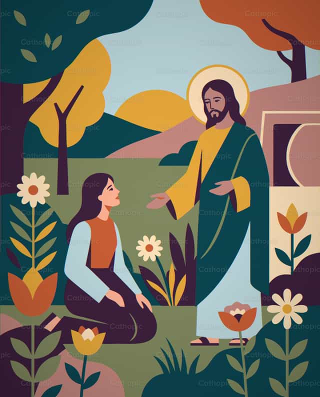 Jesús y una mujer en el jardín, encuentro de resurrección - Banco de vectores católicos - Fotografía por Noemí Márquez