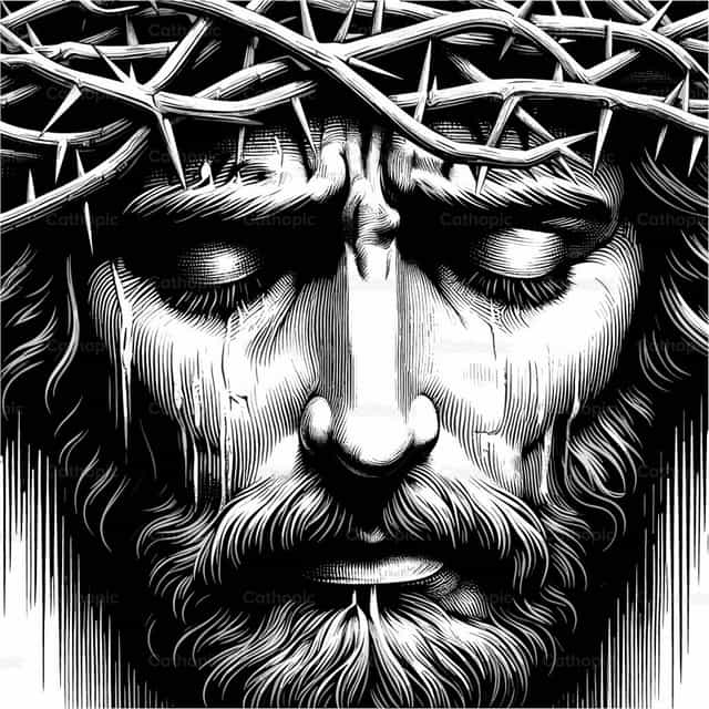 Ilustración vectorial del rostro dolorido de Cristo - Banco de vectores católicos - Fotografía por catholicmall.org