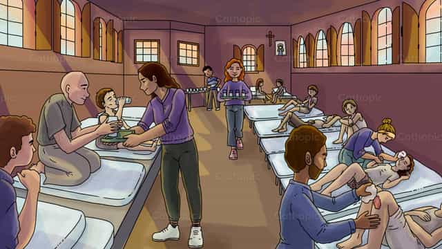 Los misioneros curan a los enfermos - Banco de vectores católicos - Fotografía por Cathopic